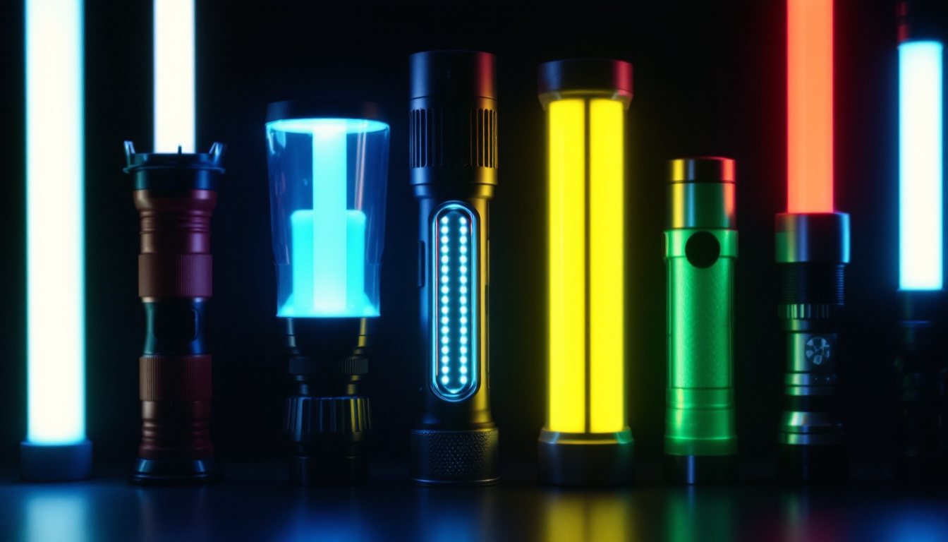 A photograph of a close-up shot of a variety of fluorescent flashlights