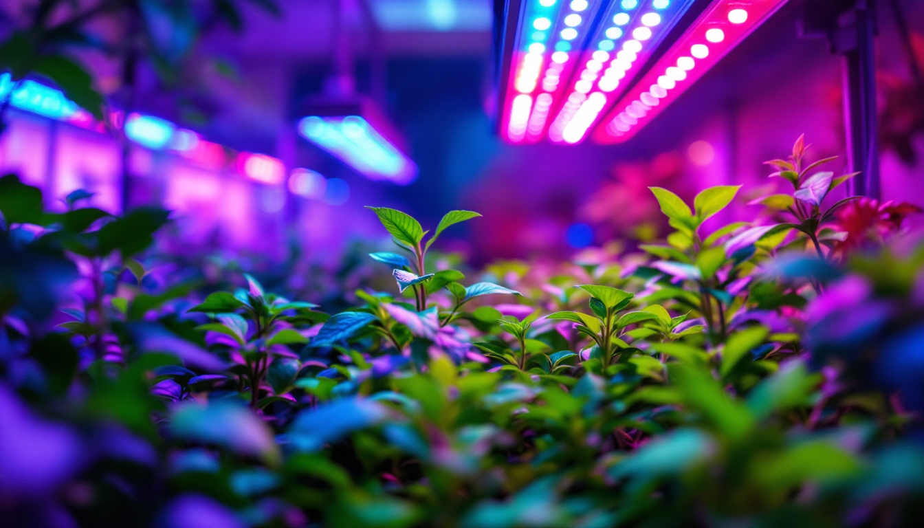 A photograph of a vibrant indoor garden illuminated by advanced grow led lamps