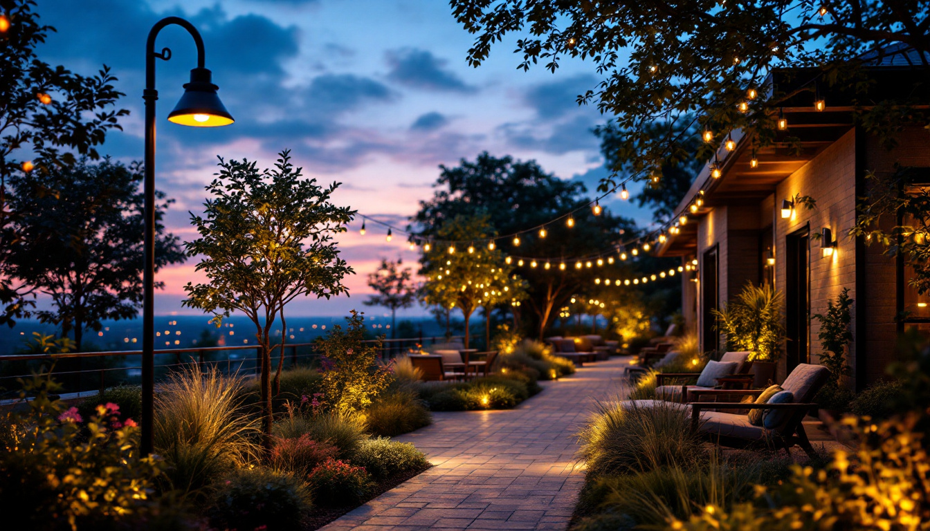 A photograph of a beautifully illuminated outdoor space at dusk