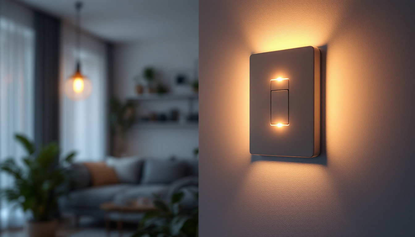 A photograph of a stylishly designed modern light switch in a contemporary living space