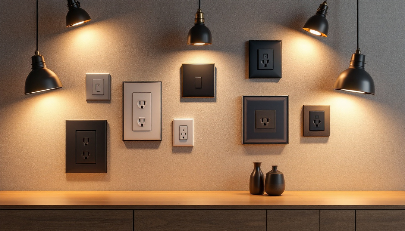 A photograph of a modern lighting setup featuring various stylish electrical box cover plates integrated seamlessly into contemporary interior design