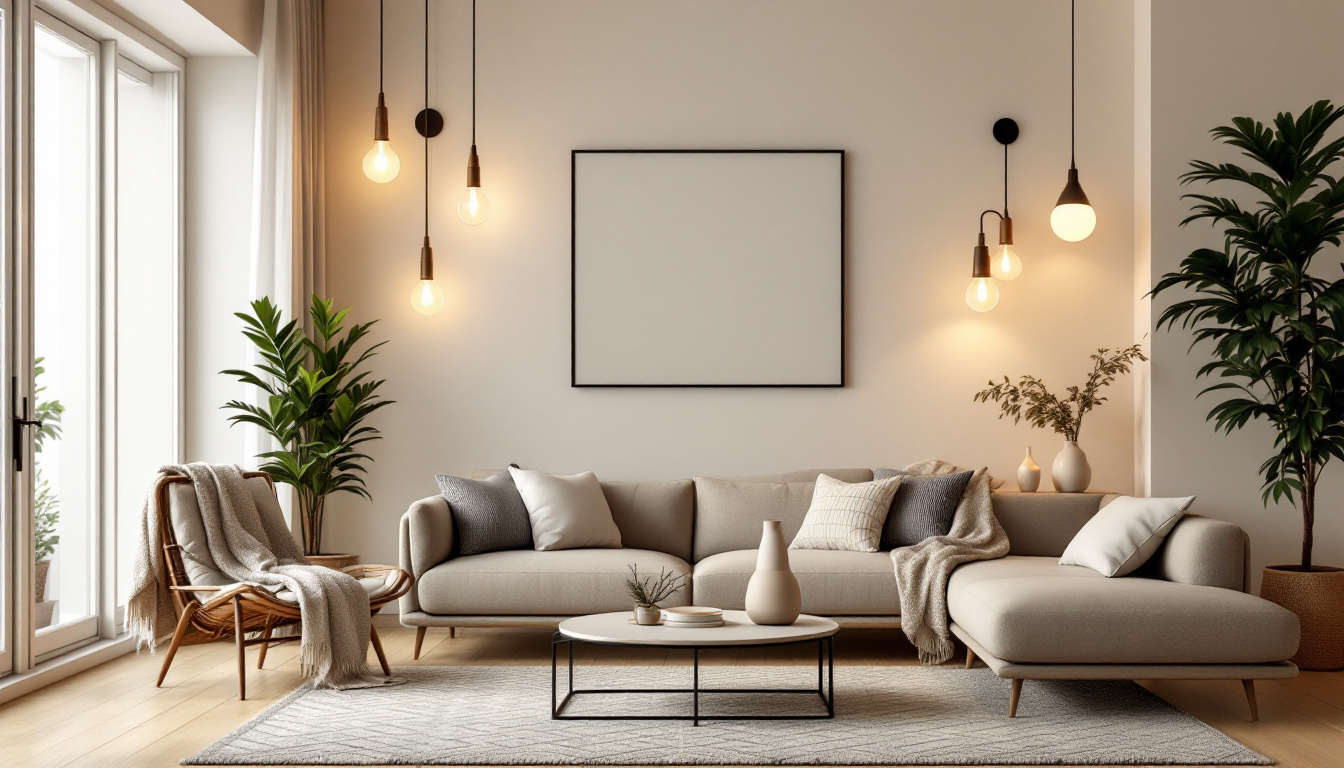 A photograph of a beautifully styled living room featuring a variety of light fixtures