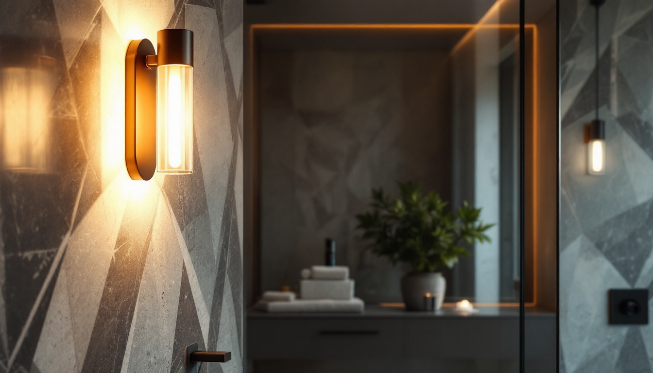 A photograph of a stylish bright wall lamp installed in a modern bathroom setting