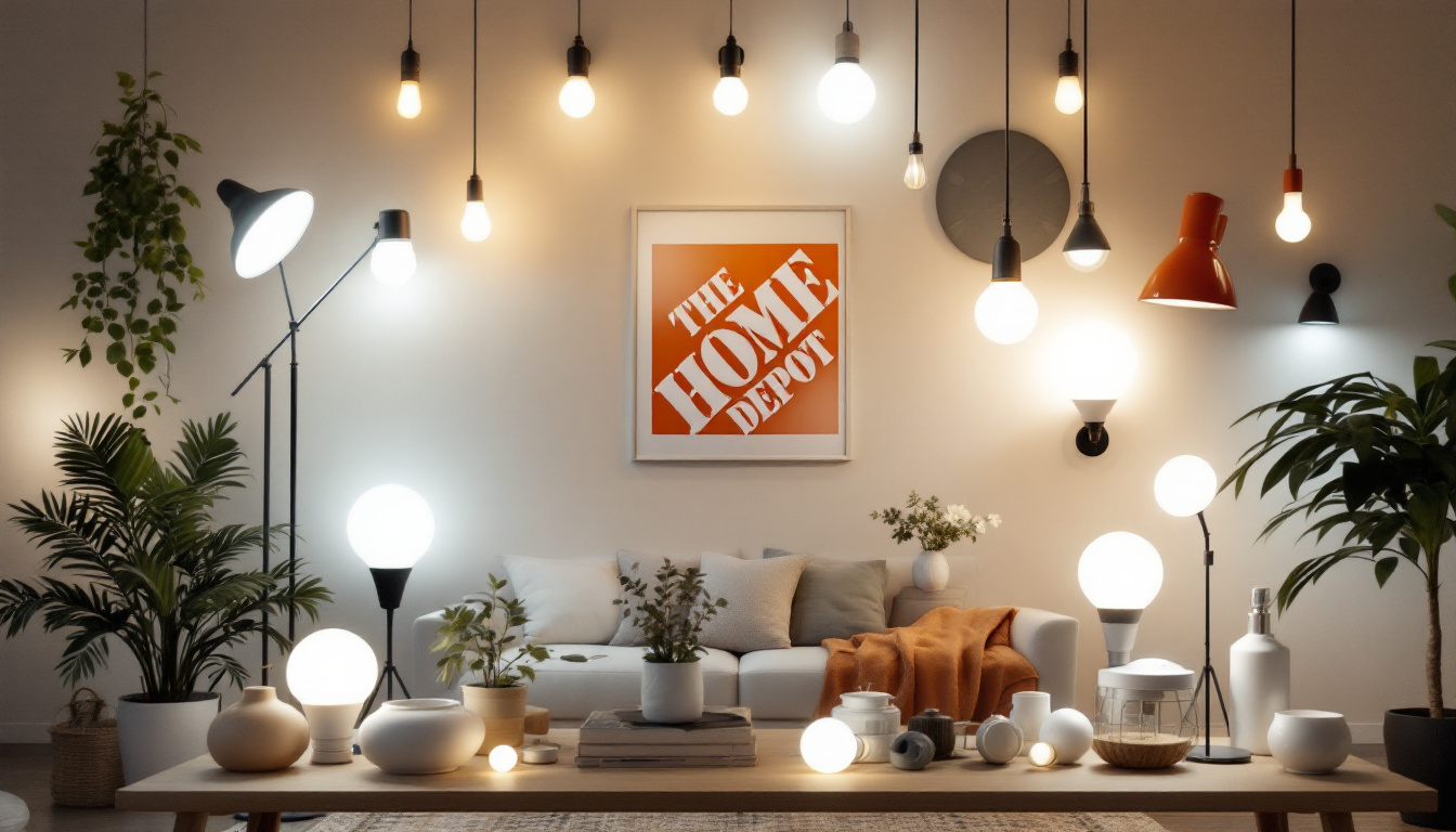 A photograph of a beautifully arranged display of various home depot light fixtures in a well-lit room