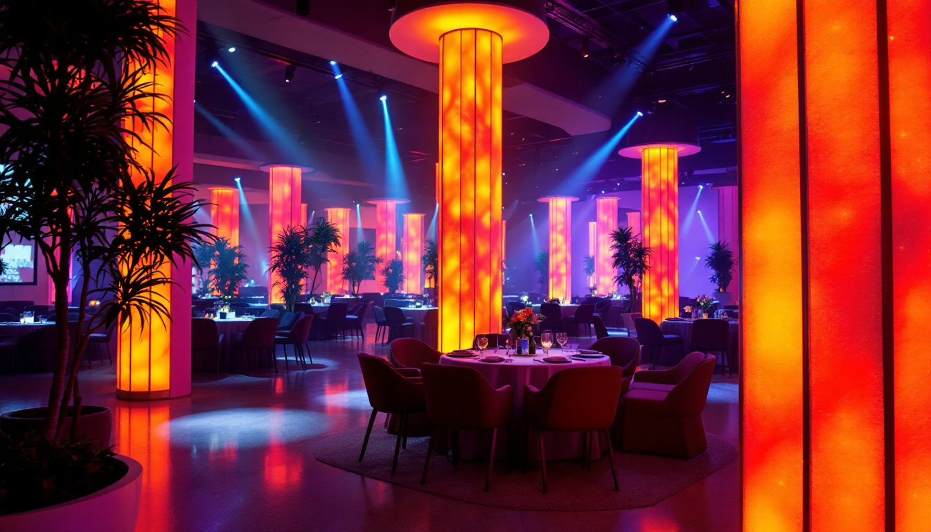 A photograph of a beautifully lit event space featuring vibrant uplighting that highlights architectural elements and creates an inviting atmosphere