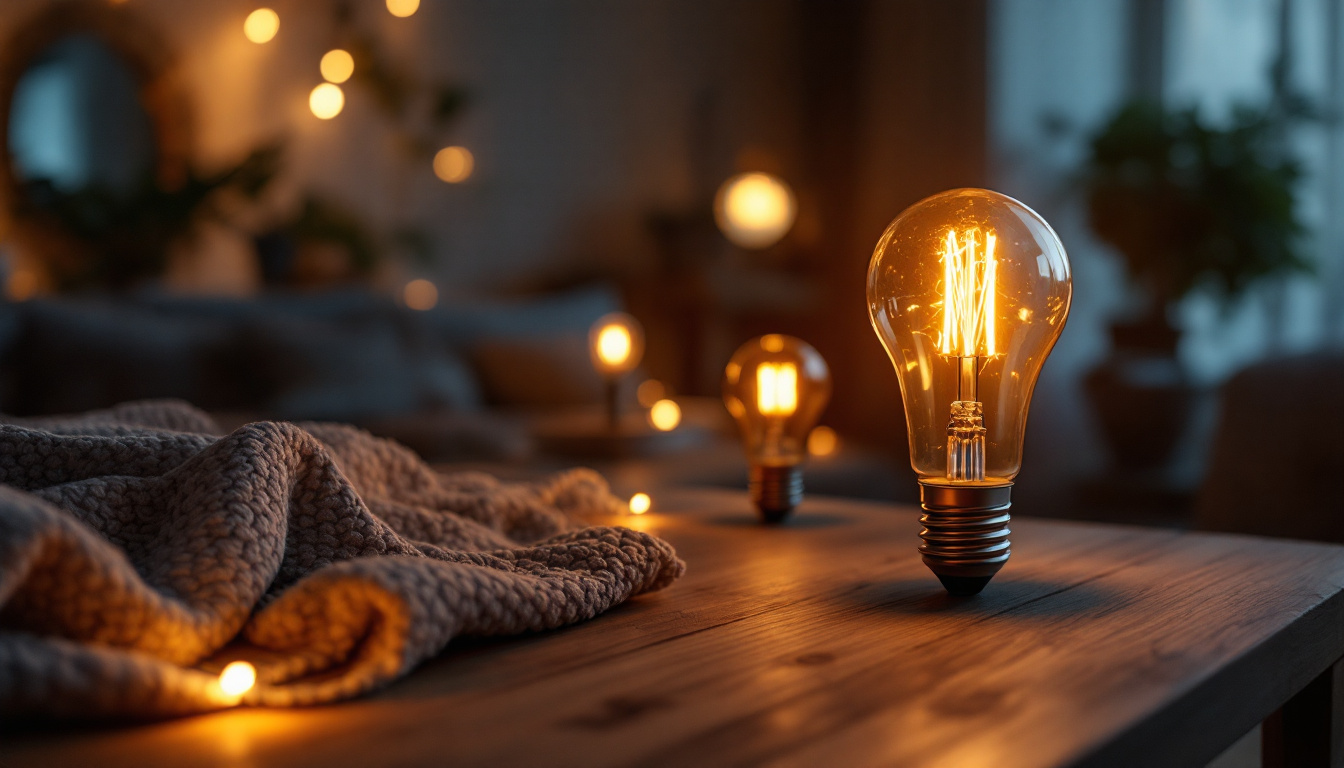 A photograph of a cozy living space illuminated by warm