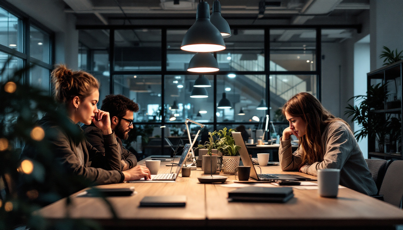 A photograph of a well-lit office space showcasing various modern lighting fixtures in use