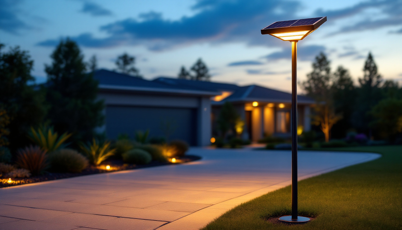 A photograph of a beautifully illuminated driveway solar lamp post at dusk