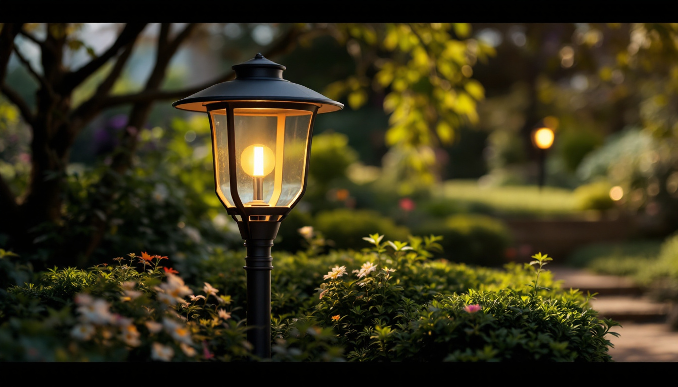A photograph of a beautifully designed outdoor lamp in a serene garden setting