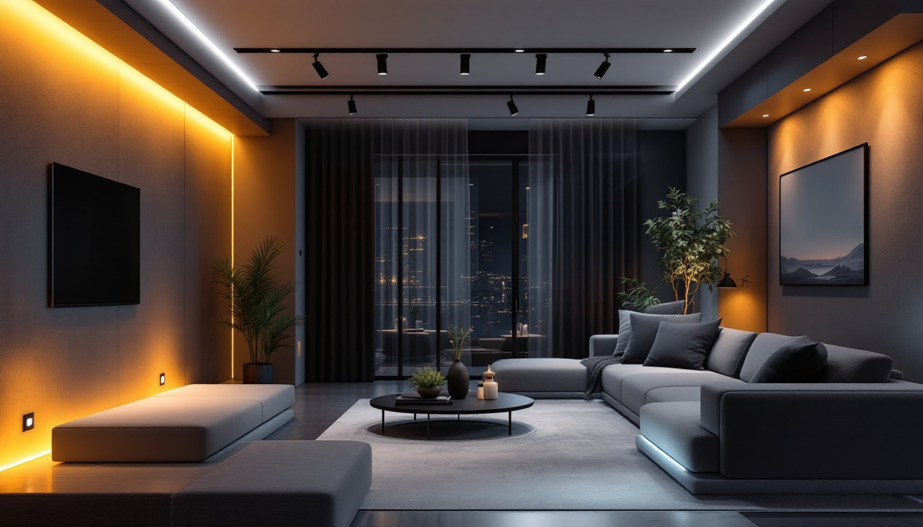 A photograph of a modern interior space illuminated by stylish surface mount lights