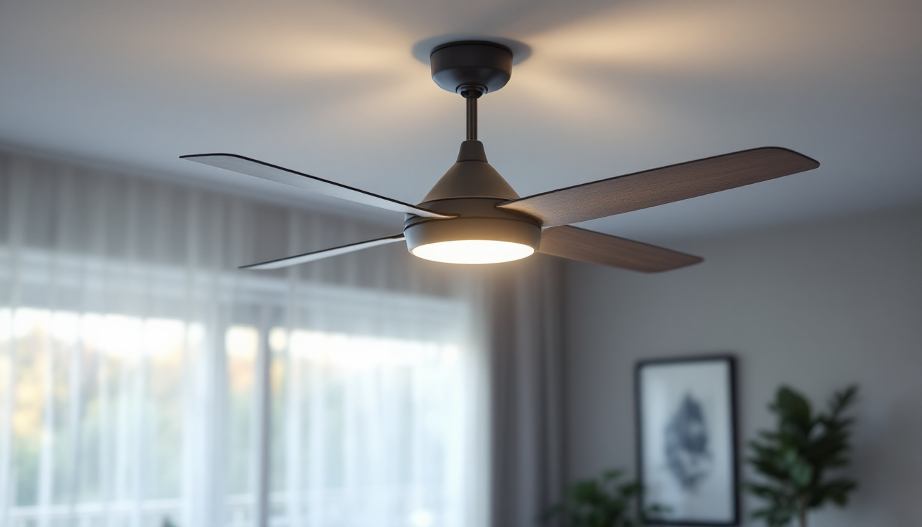 A photograph of a modern ceiling fan with an integrated controller