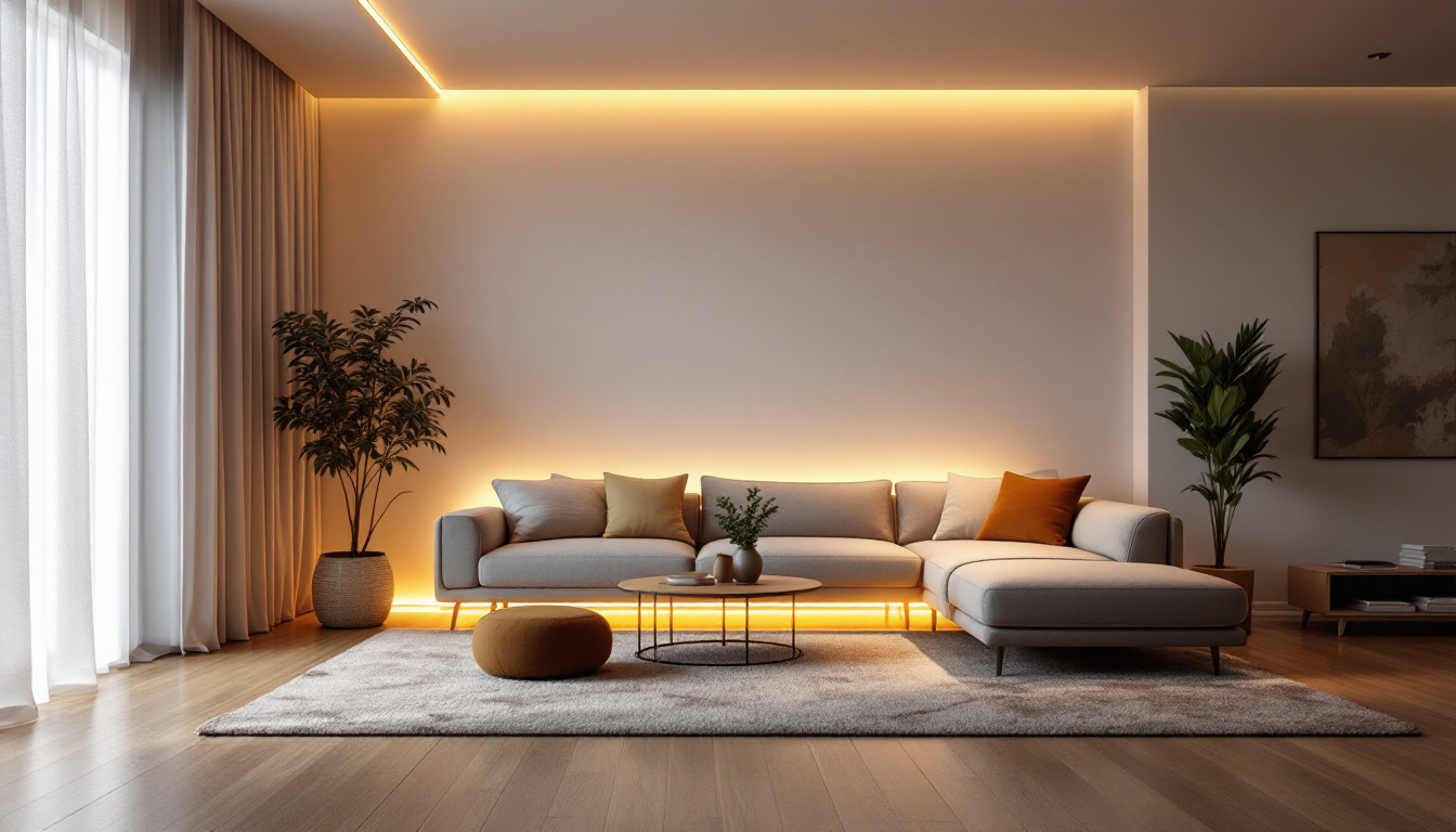 A photograph of a beautifully lit room showcasing hardwired led strip lighting integrated into both residential and commercial spaces