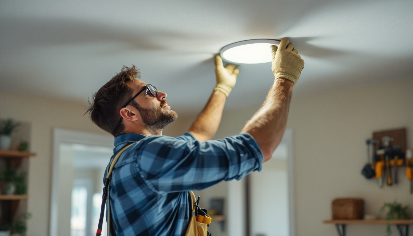 A photograph of a homeowner expertly installing a recessed light conversion kit