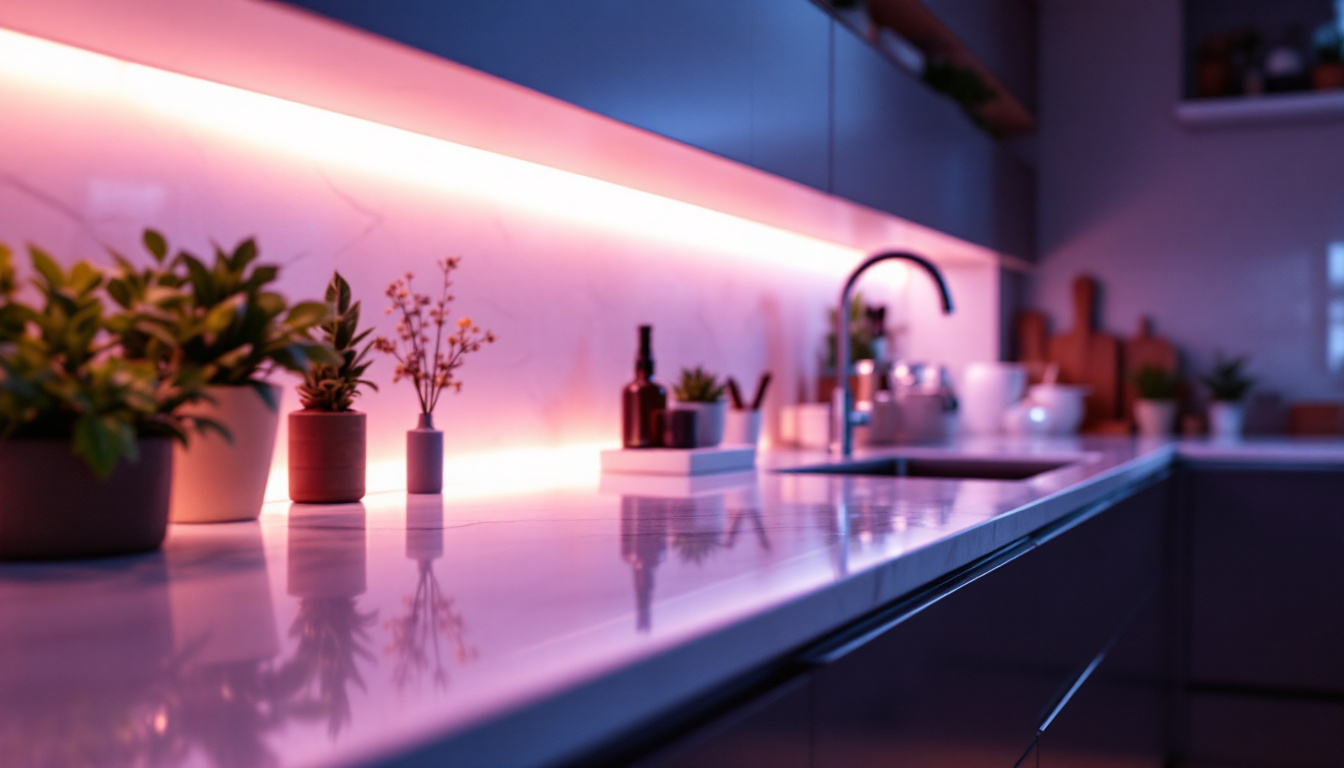 A photograph of a beautifully designed kitchen or workspace featuring warm under counter led lighting that highlights the surfaces and creates an inviting atmosphere