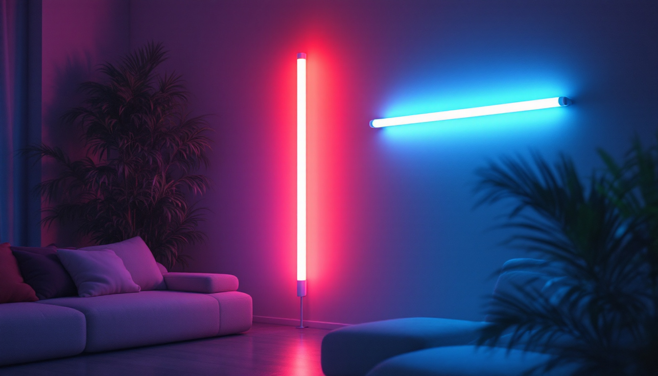 A photograph of a vibrant 8 ft fluorescent tube illuminated in a well-designed space