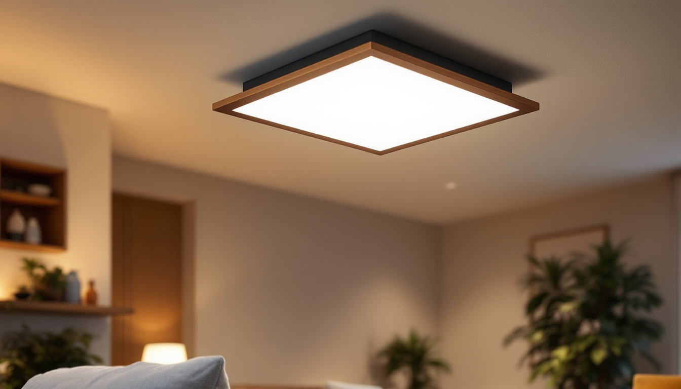 A photograph of a stylishly designed square ceiling spotlight illuminating a modern living space