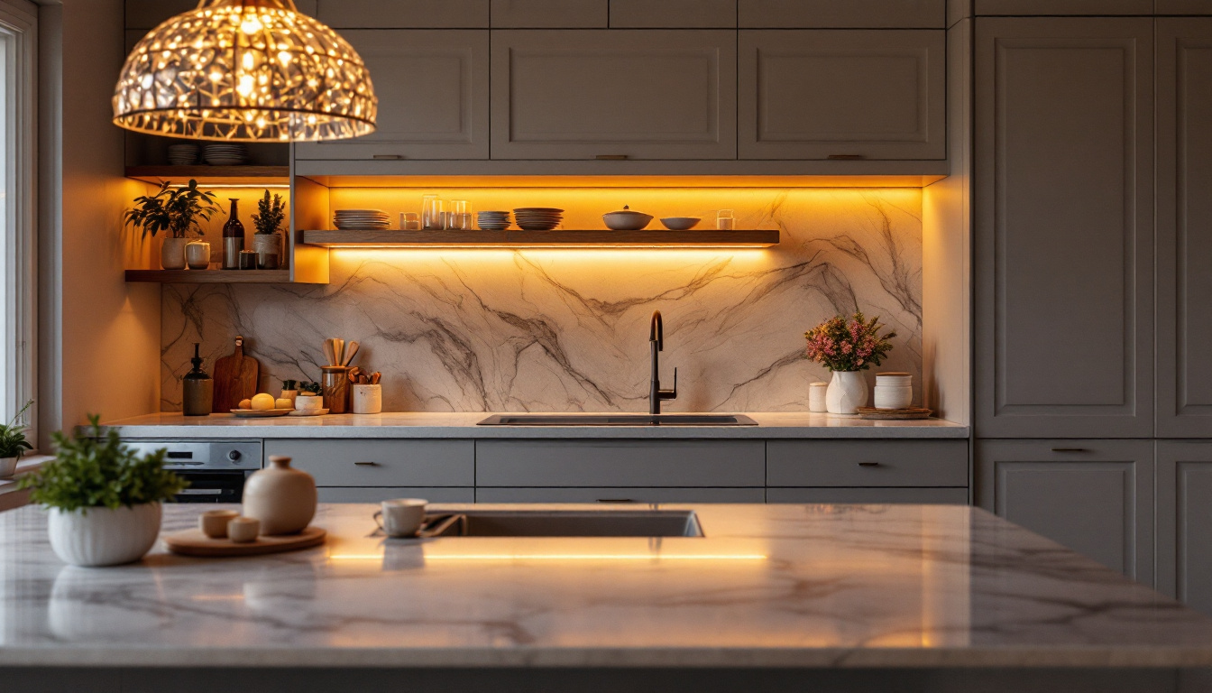 A photograph of a beautifully designed kitchen or living space showcasing elegant cabinet lighting