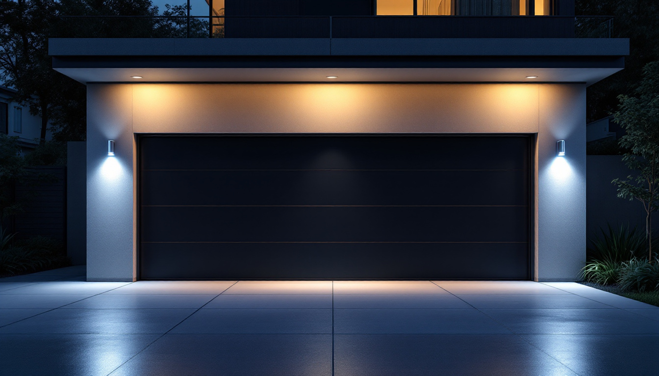 A photograph of a modern garage exterior illuminated by innovative lighting solutions