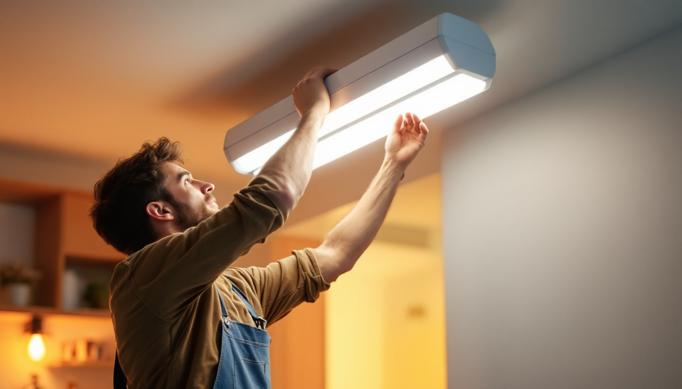 A photograph of a person skillfully replacing a fluorescent light fixture in a well-lit room