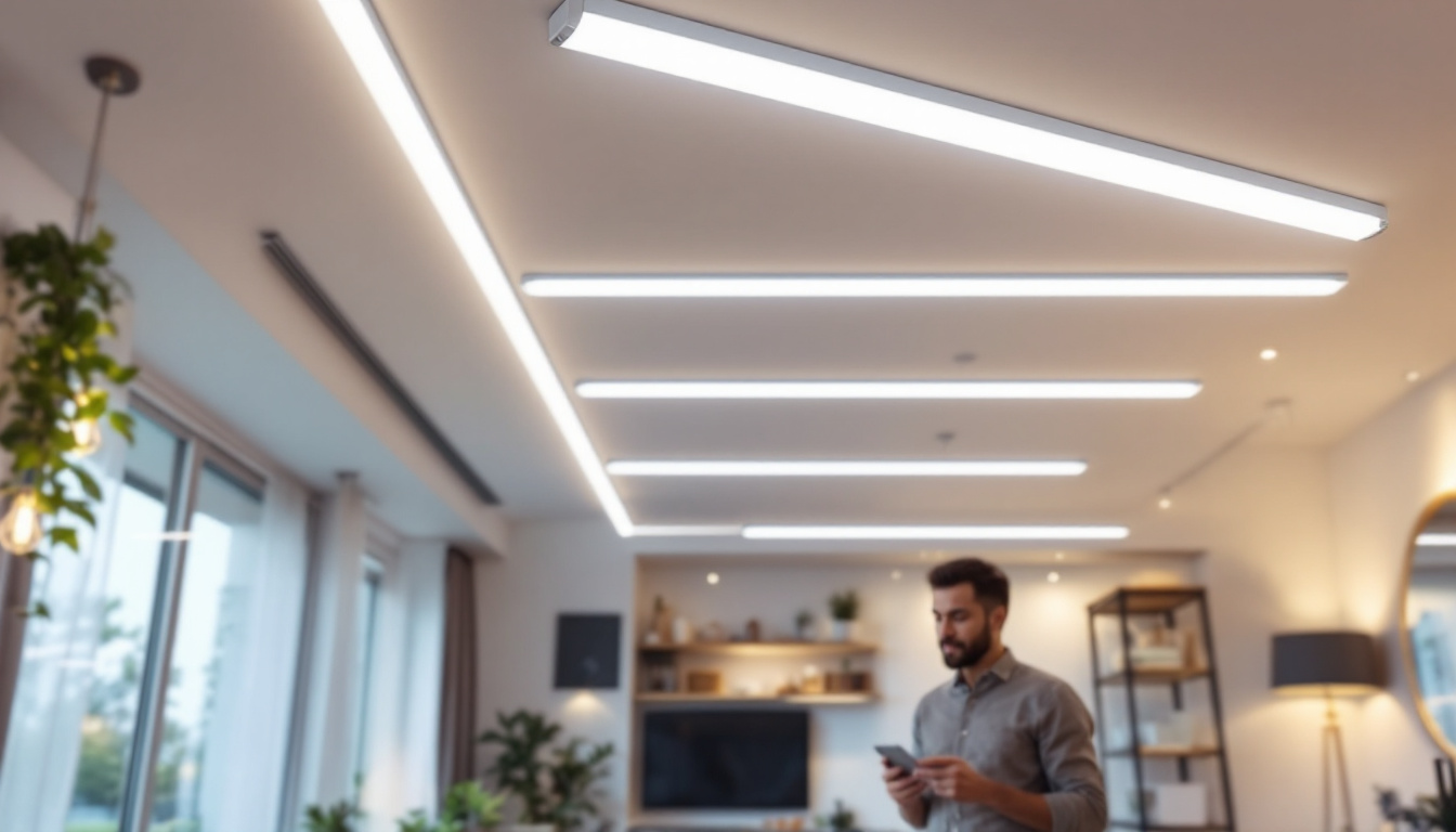 A photograph of a well-lit residential or commercial space showcasing direct wire led tubes installed in the ceiling