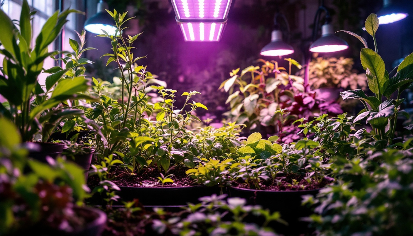 A photograph of a vibrant indoor garden illuminated by various led grow lights