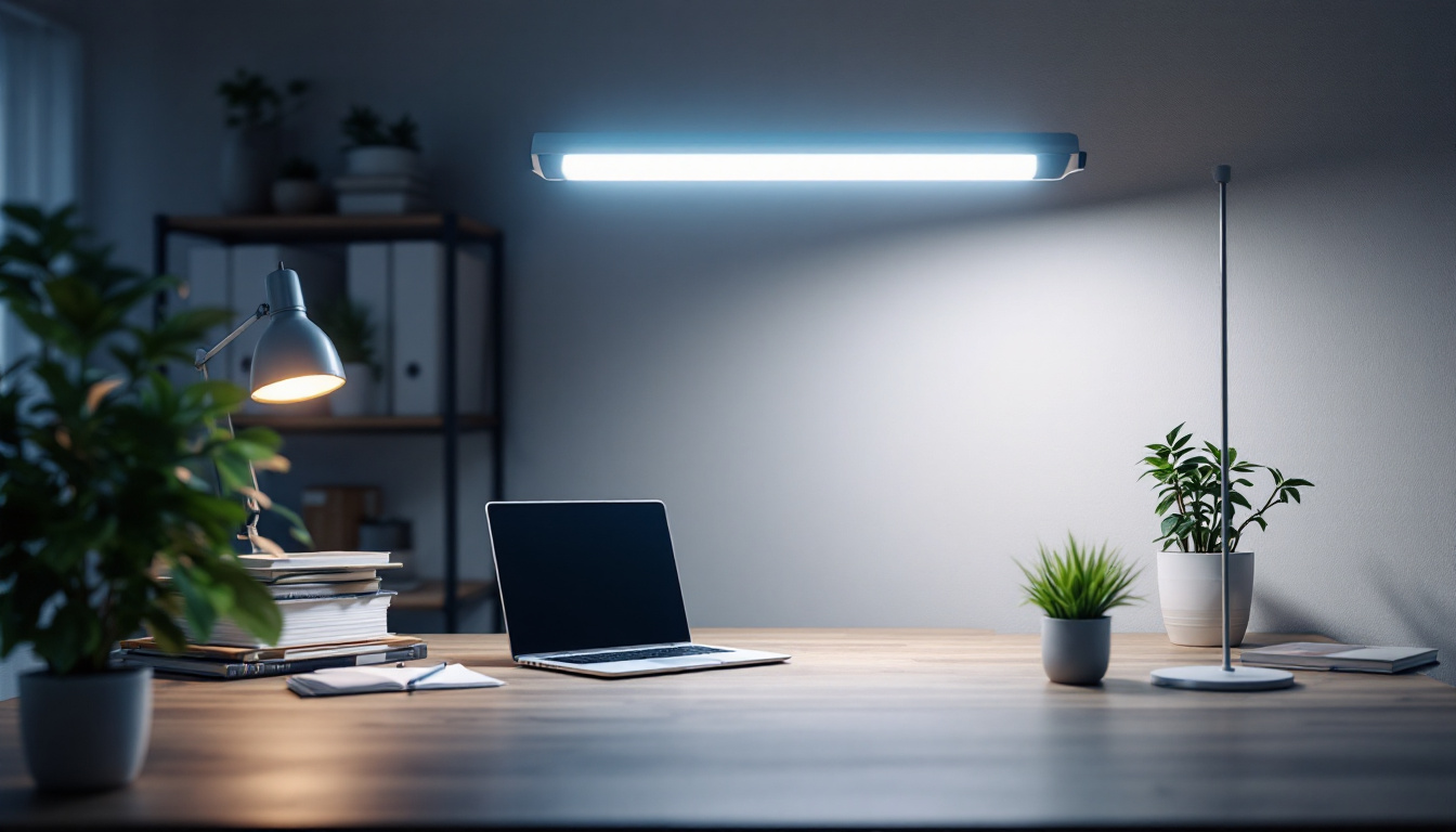 A photograph of a well-lit workspace featuring a 2-light fluorescent ho light fixture