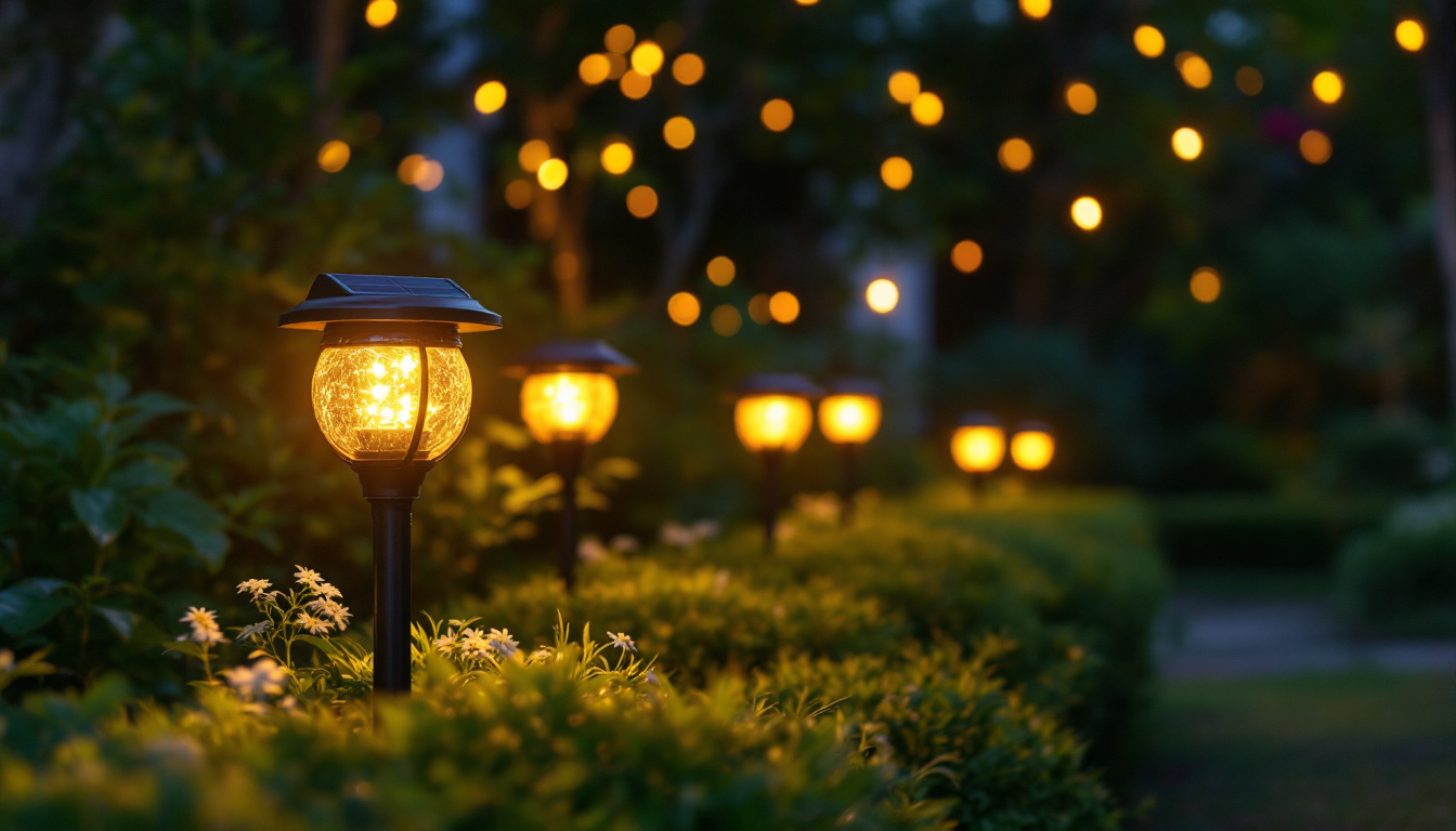 A photograph of a vibrant outdoor scene showcasing solar-powered lights illuminating a garden or pathway at dusk