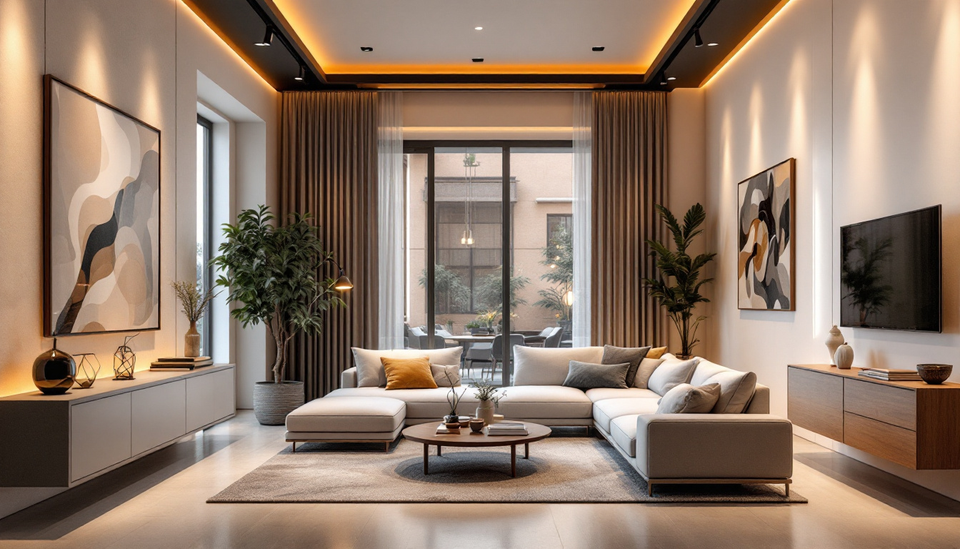 A photograph of a stylishly designed interior space featuring directional recessed lighting