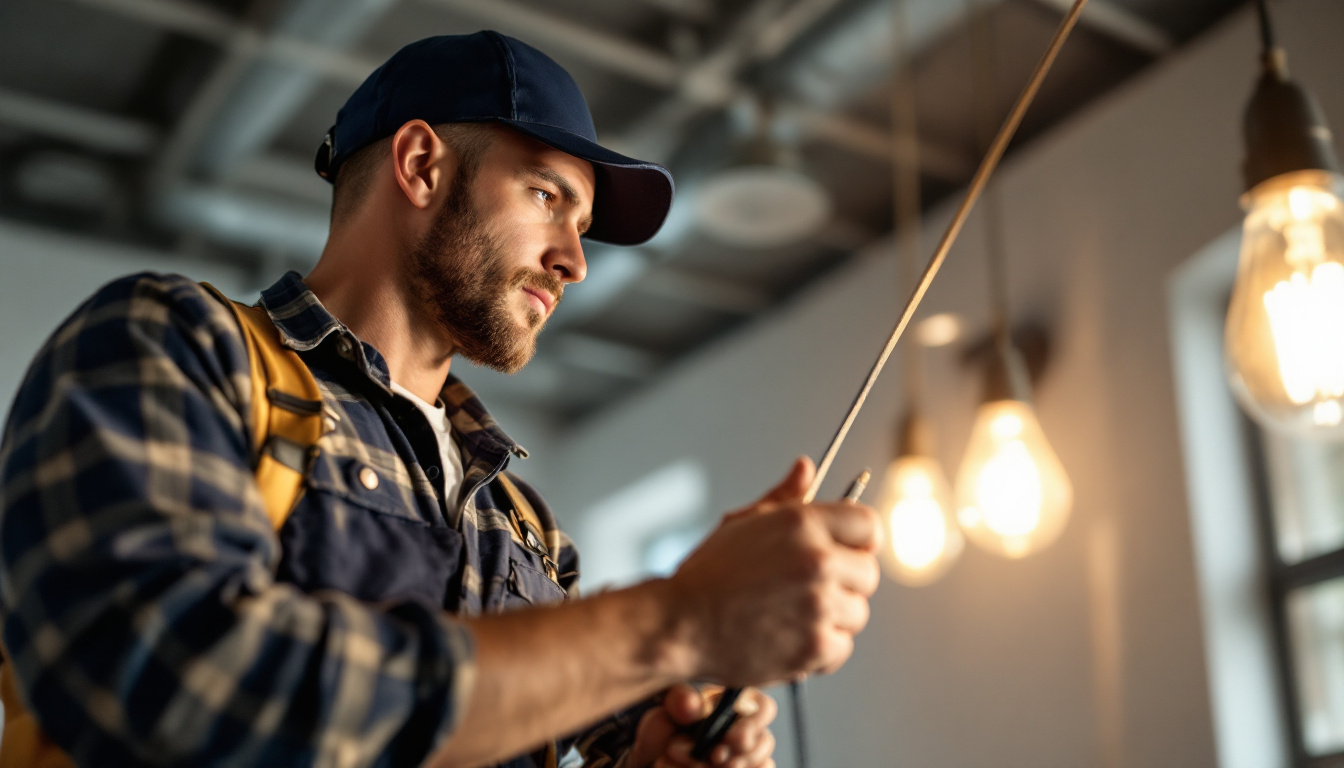 A photograph of a skilled electrician or technician using a wire pulling rope in a well-lit environment