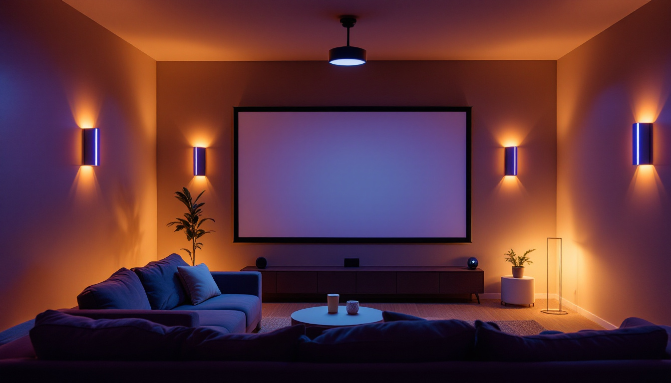 A photograph of a cozy home movie theater setup featuring ambient lighting options