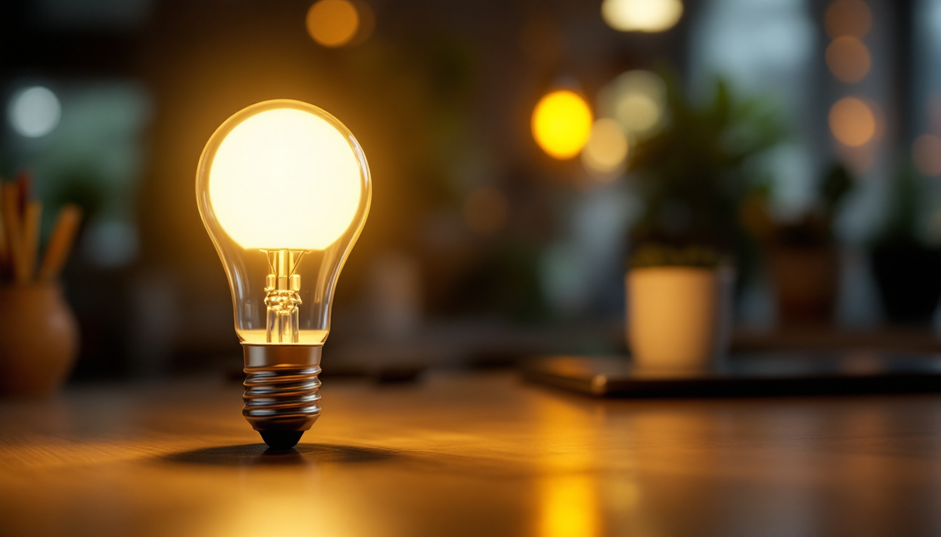 A photograph of a close-up shot of a commercial led bulb illuminating a modern workspace