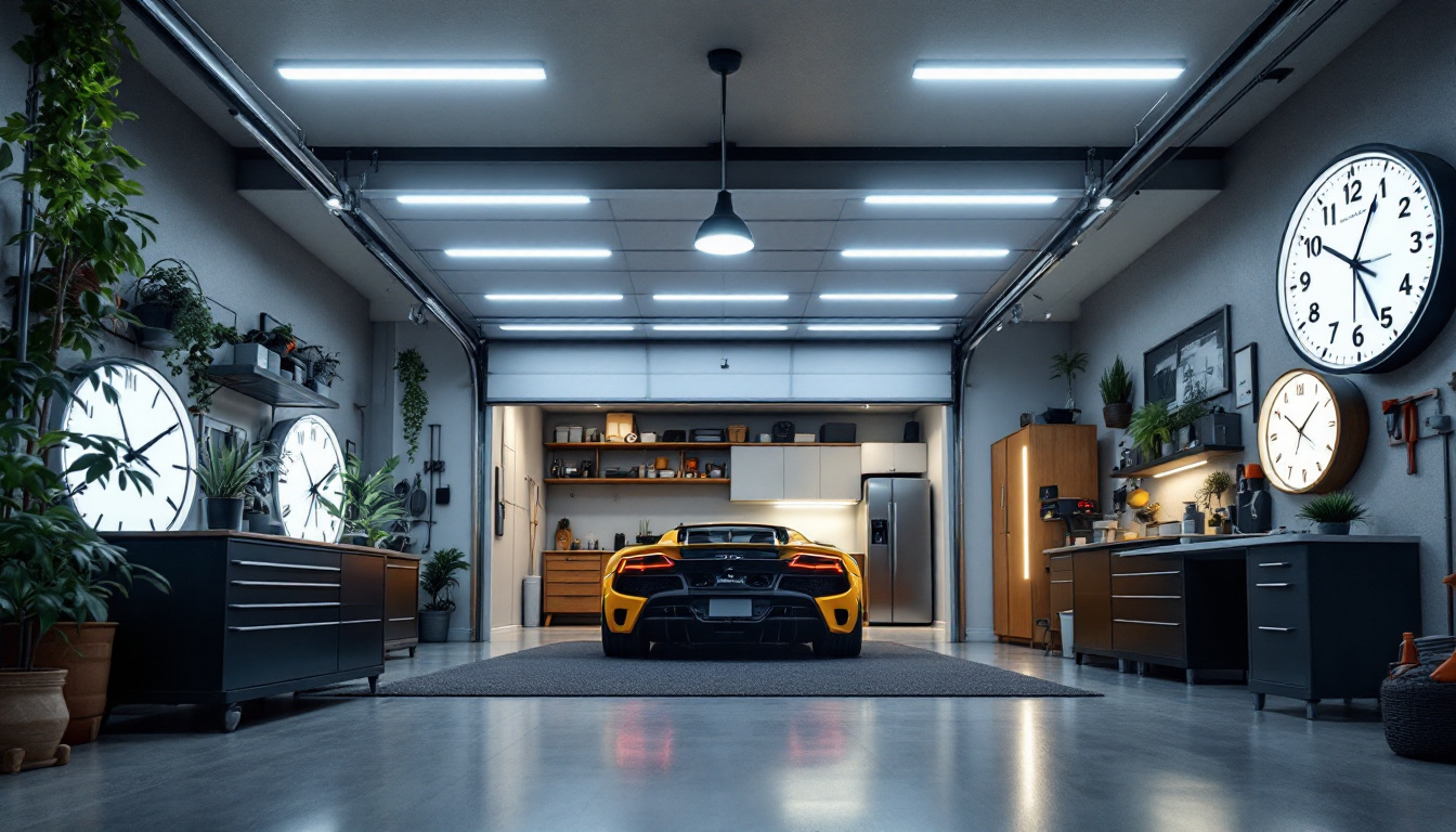 A photograph of a modern garage illuminated by sleek led ceiling lights