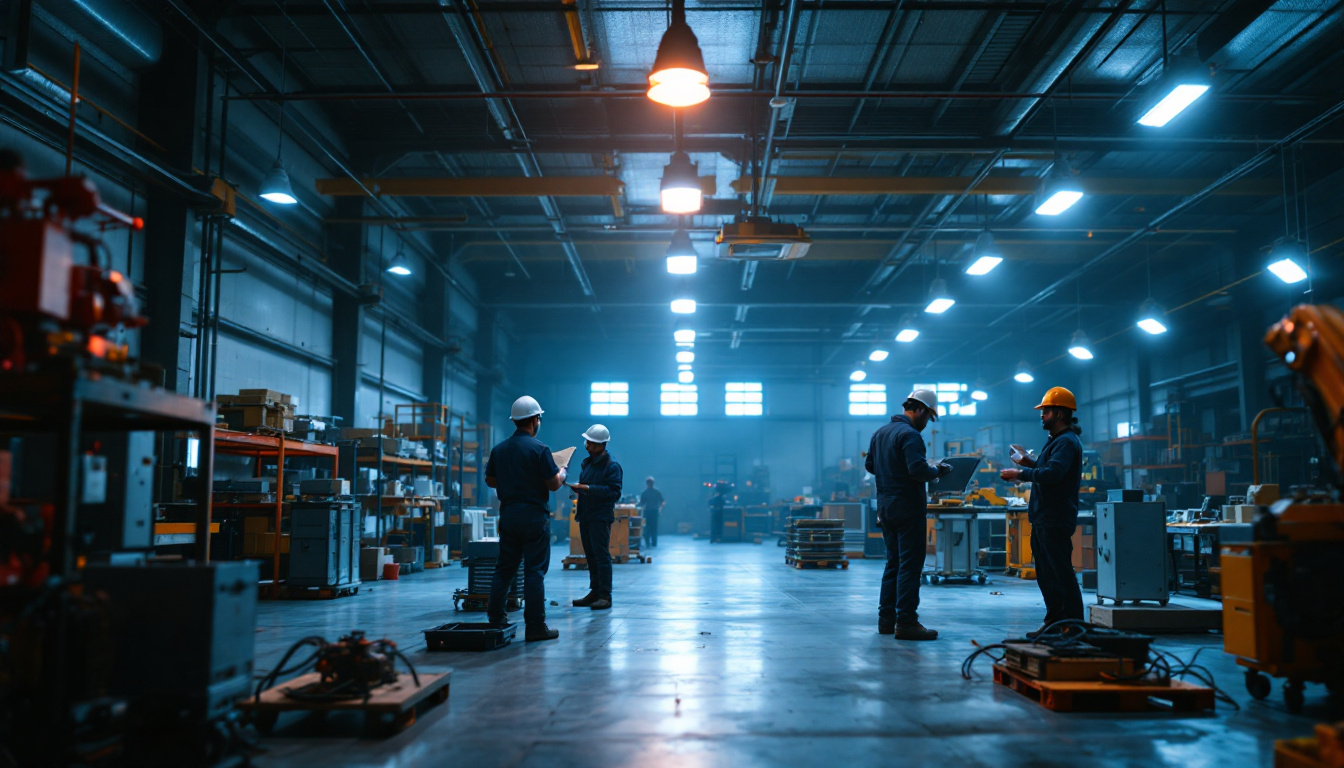 A photograph of a well-lit industrial workspace featuring led high bay lights in action