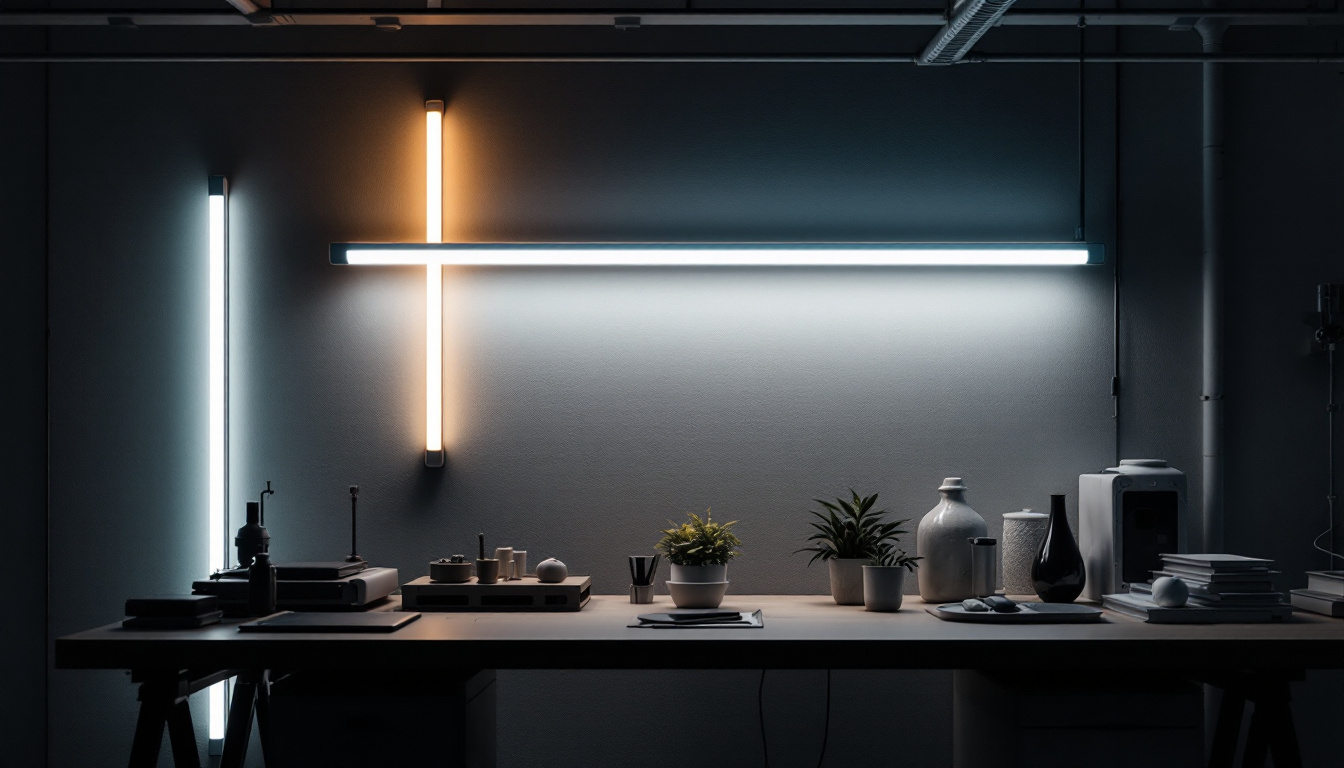 A photograph of a modern workspace featuring various lengths of fluorescent lamps illuminating the area