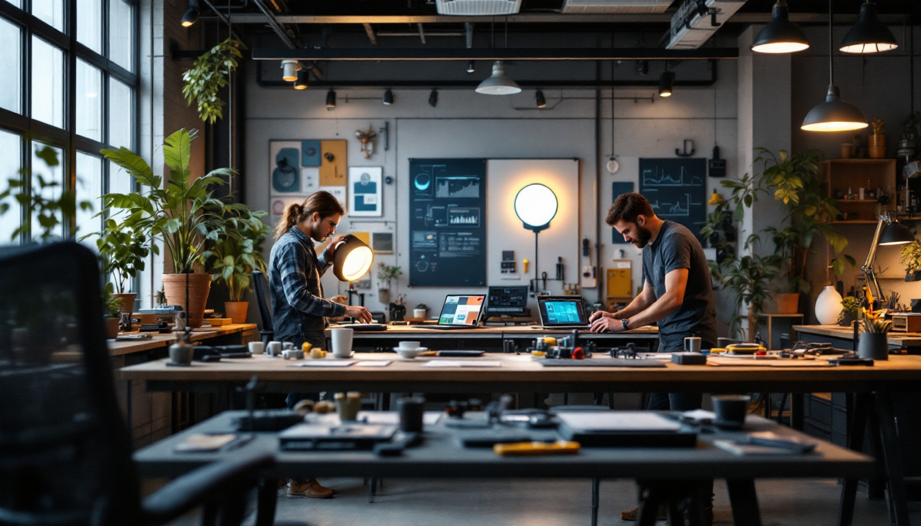 A photograph of a modern workspace featuring innovative lighting solutions and large electrical tools in action