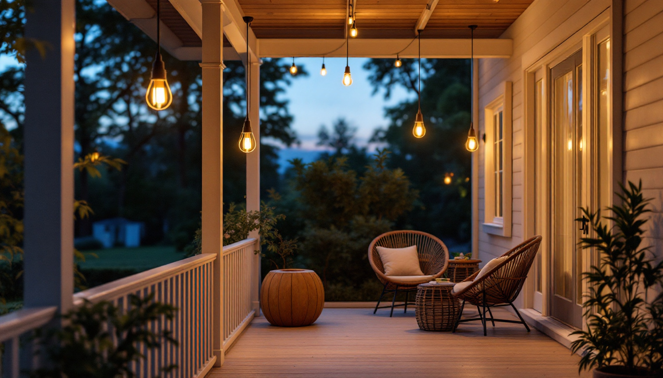 A photograph of a beautifully lit outdoor porch showcasing stylish hanging lights in the evening