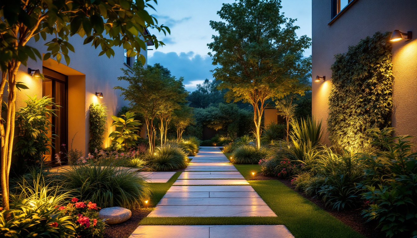 A photograph of capture a photograph of a beautifully landscaped outdoor space illuminated by strategically placed spotlights