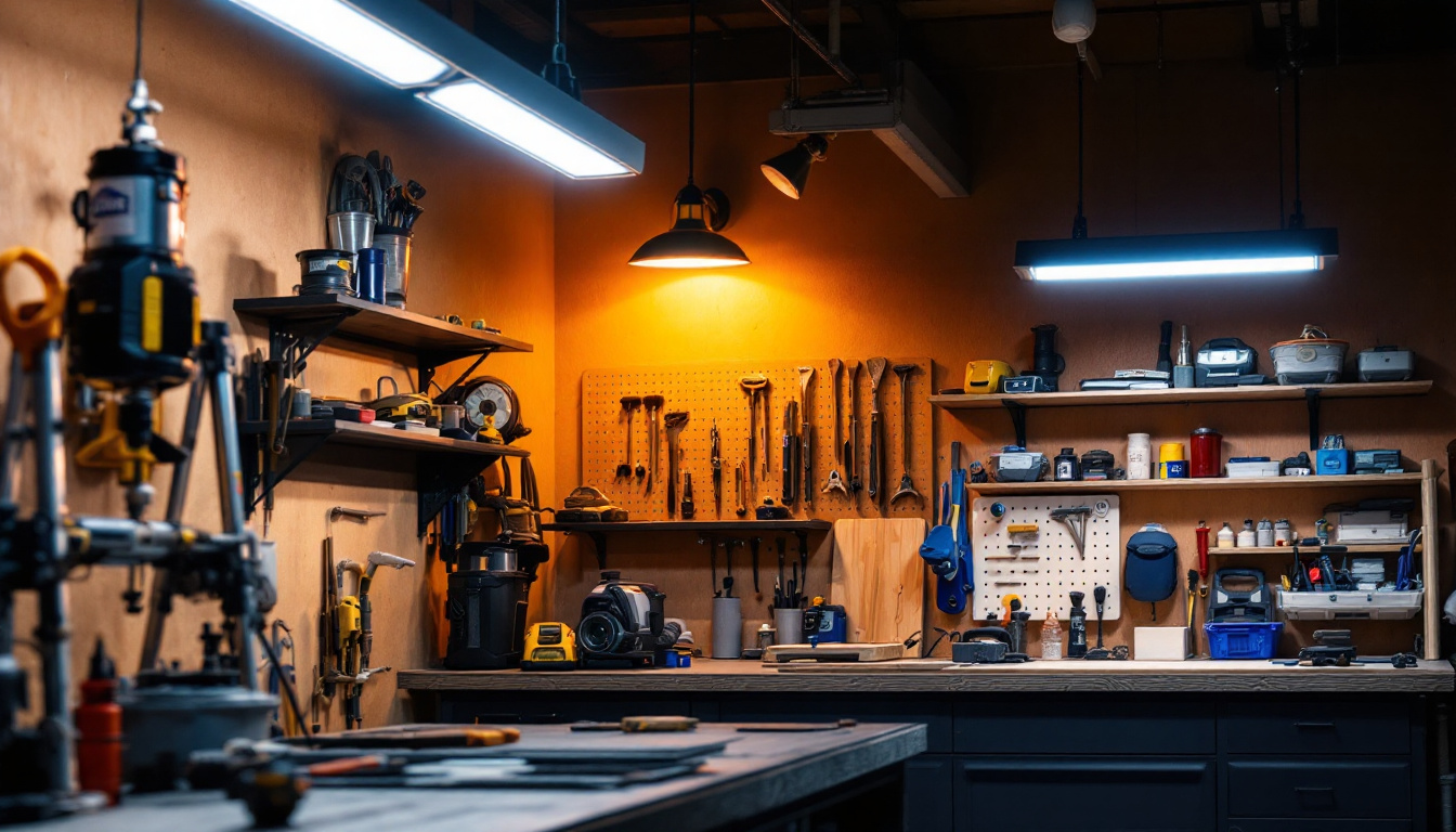 A photograph of a well-lit workshop or garage scene featuring lowe's led shop lights in action