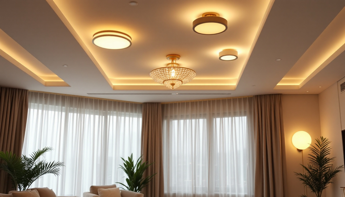 A photograph of a beautifully designed room featuring various ceiling lights in different styles and settings