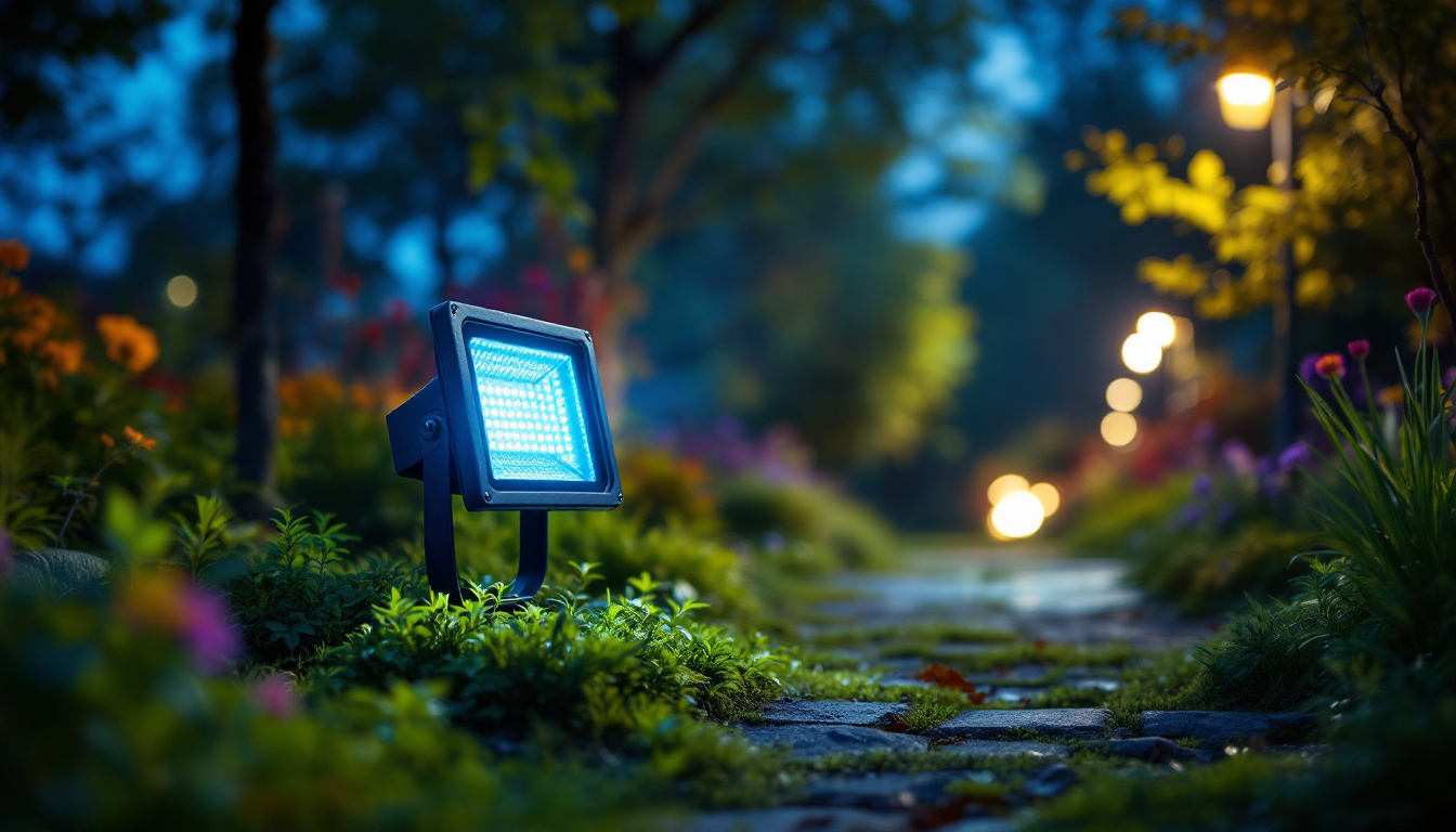 A photograph of a vibrant outdoor scene illuminated by a powerful led floodlight