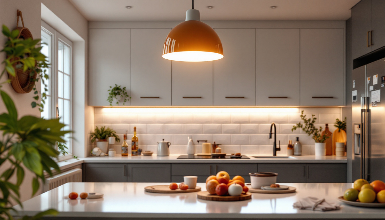 A photograph of a beautifully designed kitchen featuring a modern ceiling light fixture that highlights the space