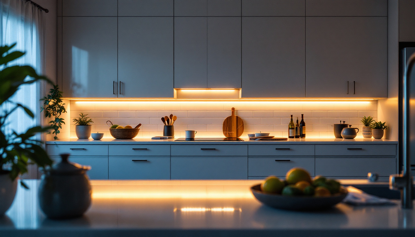 A photograph of a beautifully illuminated kitchen featuring under cabinet led strips