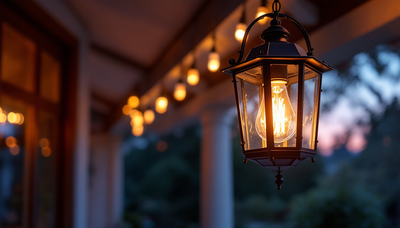 A photograph of a beautifully designed hanging porch lamp illuminated at dusk