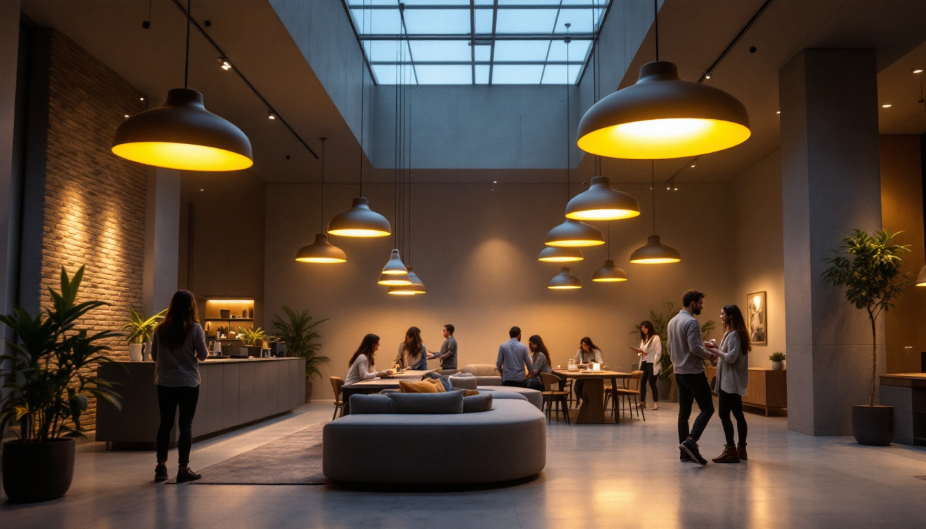 A photograph of a modern interior space featuring large hanging lights