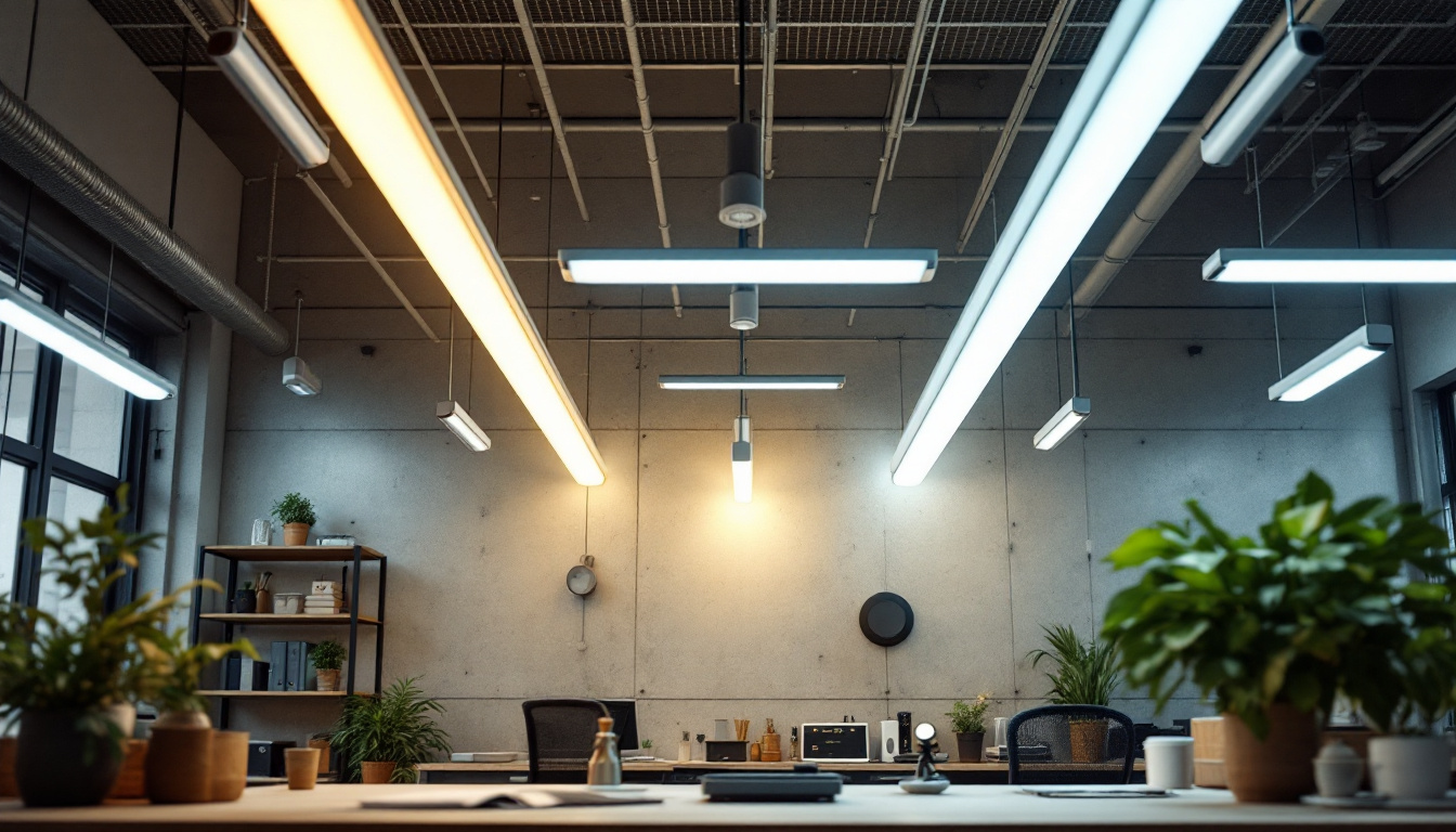 A photograph of a well-lit workspace featuring various fluorescent tube diameters installed in stylish fixtures
