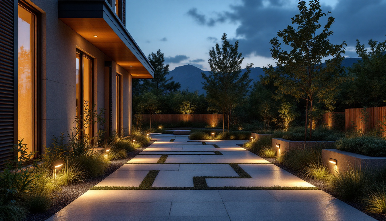 A photograph of a beautifully designed outdoor space featuring recessed exterior lights illuminating pathways and landscaping