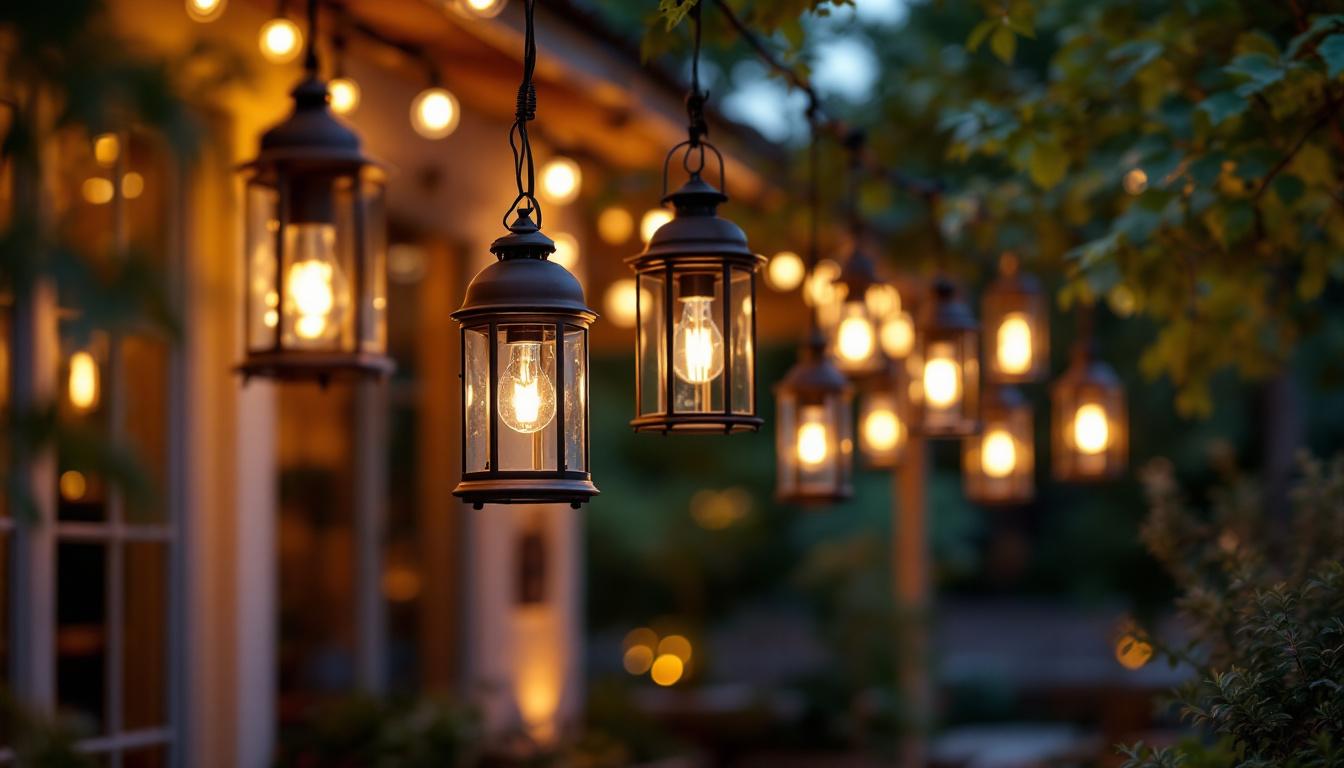 A photograph of a beautifully illuminated outdoor space featuring a variety of stylish hanging lantern lights