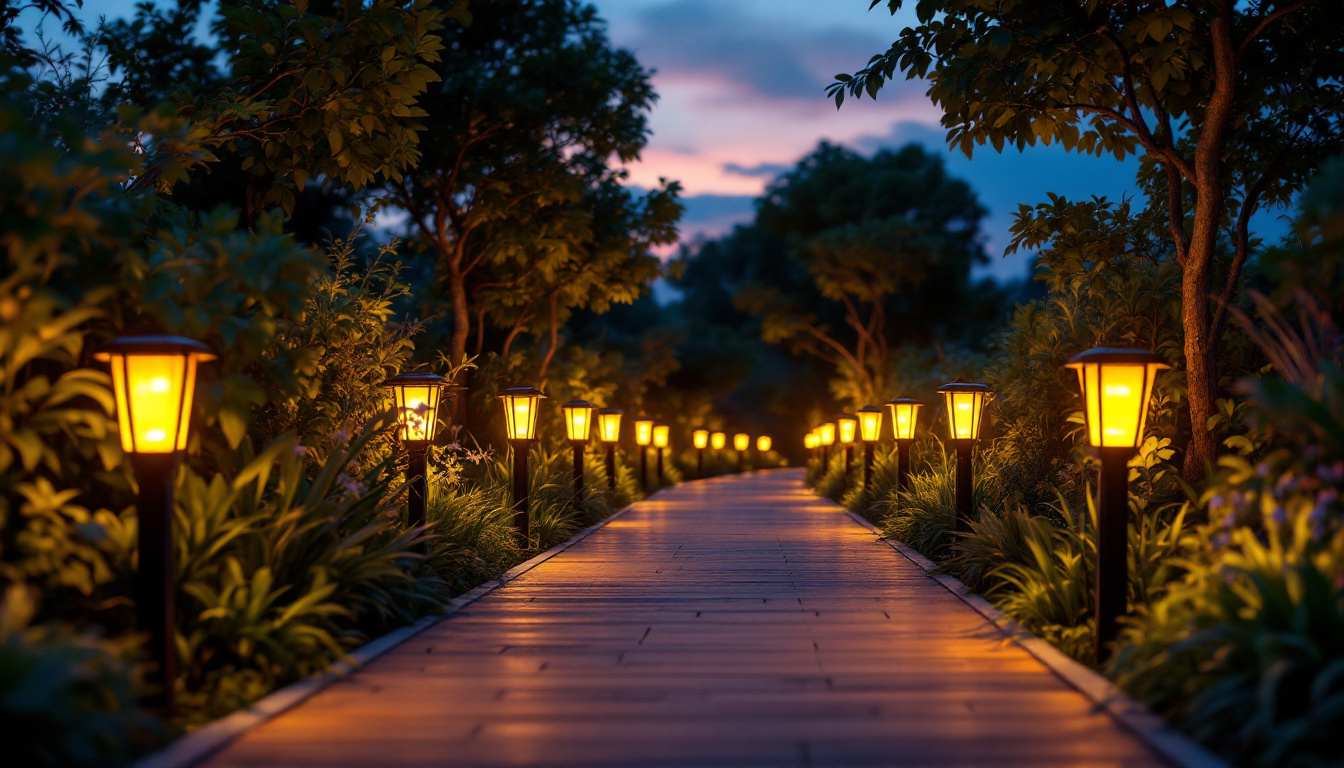 A photograph of a beautifully lit walkway at dusk