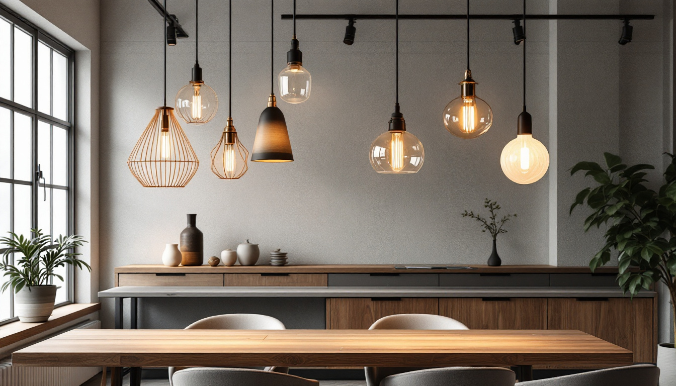 A photograph of a stylish modern interior featuring a variety of pendant lights