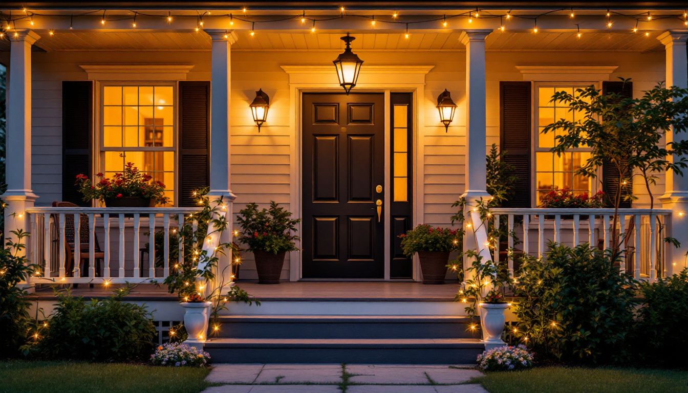 A photograph of a beautifully illuminated exterior porch featuring various styles of porch lights